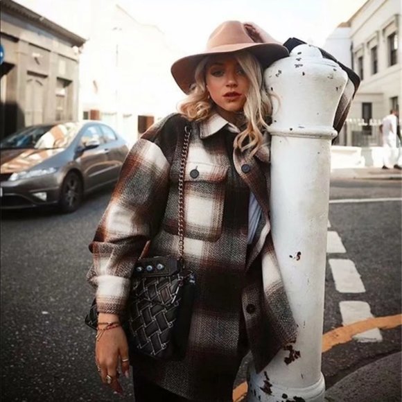 Boyfriend Fit Plaid Jacket Coat Brown Trucker - Picture 8 of 16